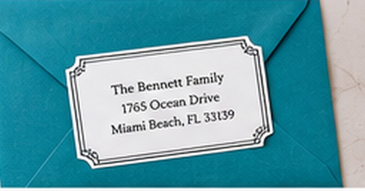 Turquoise envelope with a decorative vacation-home address label