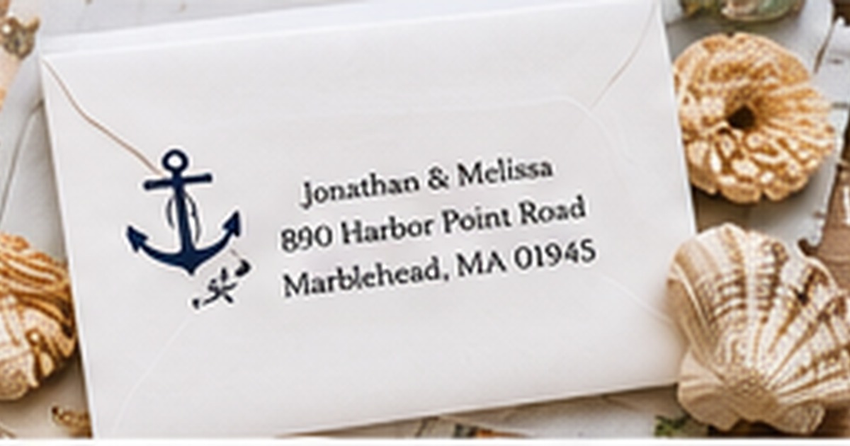White envelope with a navy anchor label surrounded by seashells