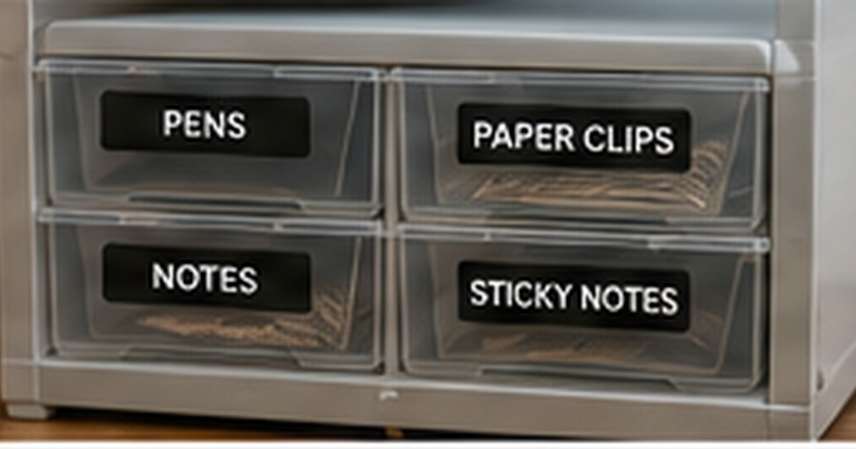 Clear office drawers labeled pens, paper clips, notes, and sticky notes
