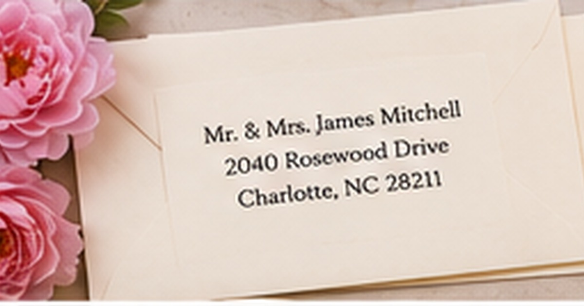 Classic addressed envelope with pink flowers and elegant serif lettering