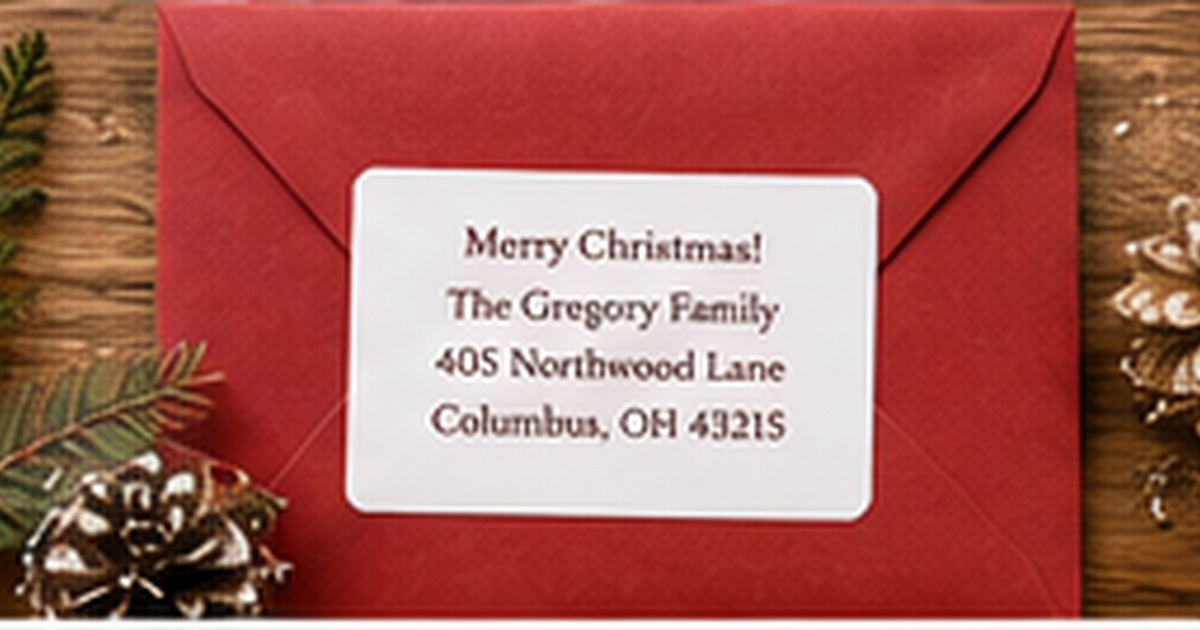 Red holiday envelope with a personalized family address label and pine decorations