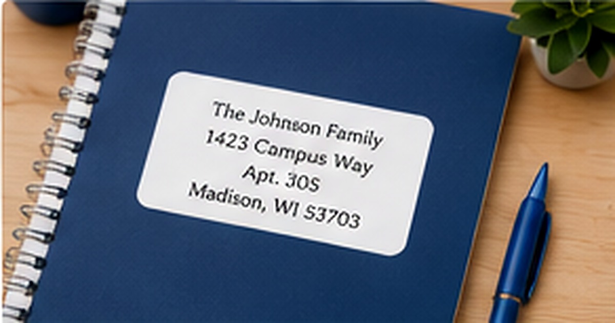 Address label on a college notebook beside pens and campus stationery
