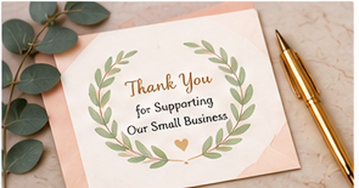 Small-business thank-you card with botanical design and coordinated packaging label