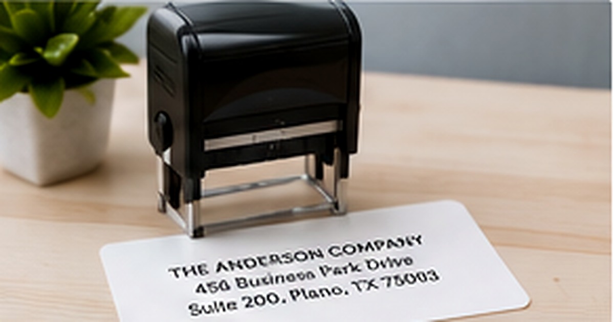 Self-inking address stamp beside a test impression on white paper