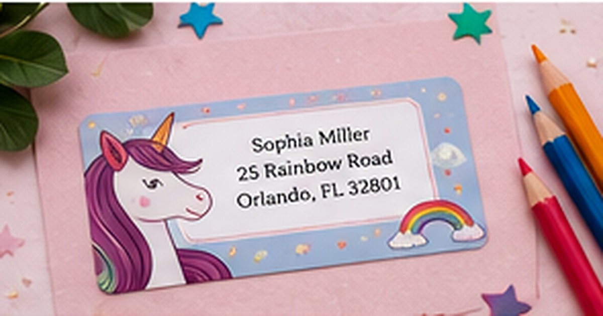 Colorful child-friendly address label with unicorn art and pencils
