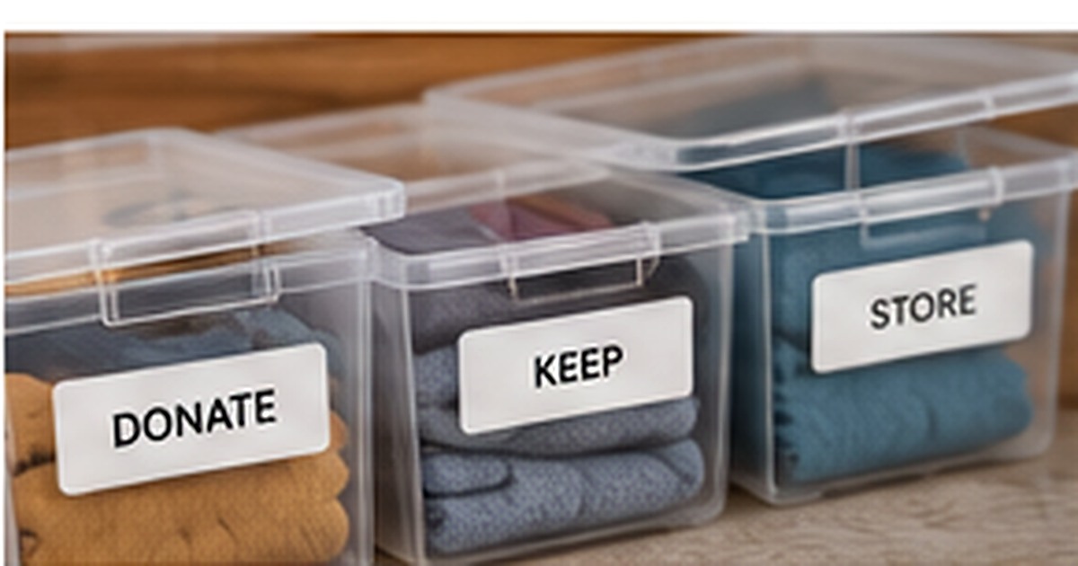 Clear organization bins labeled donate, keep, and store