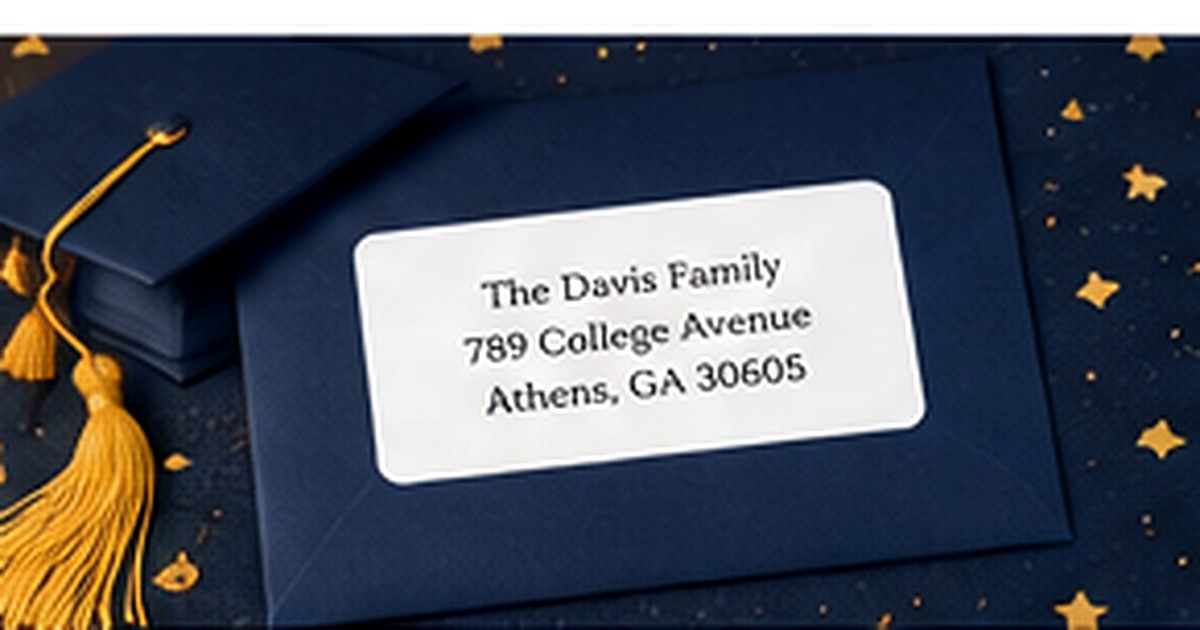 Graduation cap, announcement envelope, and return address label on navy stationery