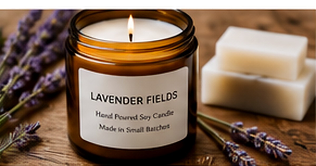 Handmade candle and soap products with coordinated botanical labels