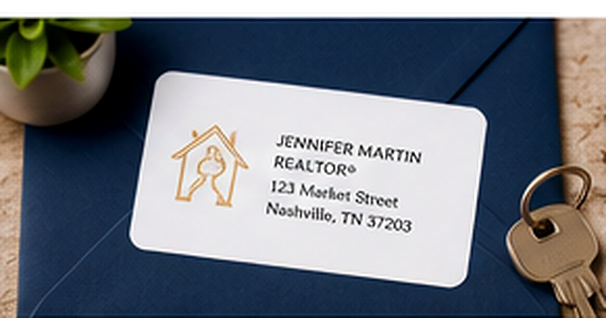 Professional real estate return address label on navy stationery beside a house key