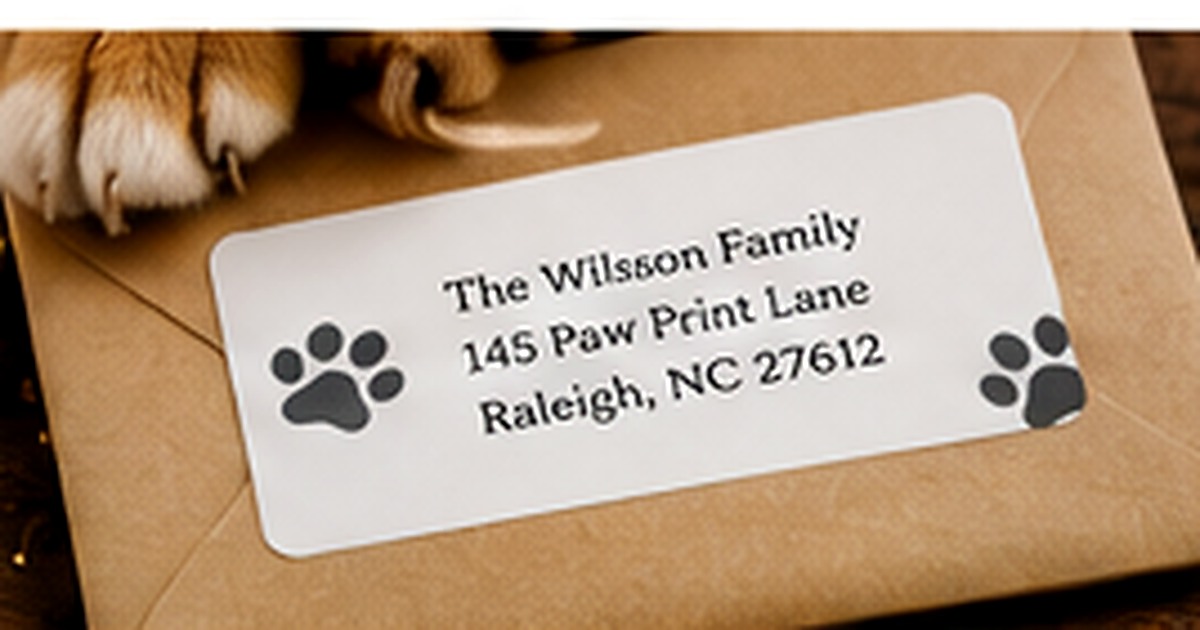 Paw-print address label on a kraft envelope beside a pet paw