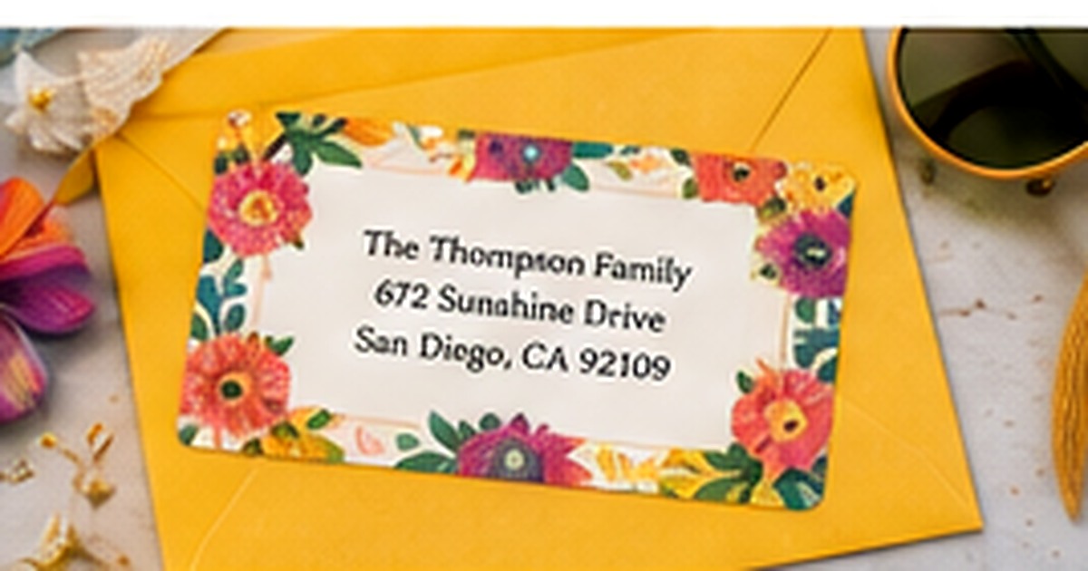Bright floral address label on a yellow envelope with summer accessories