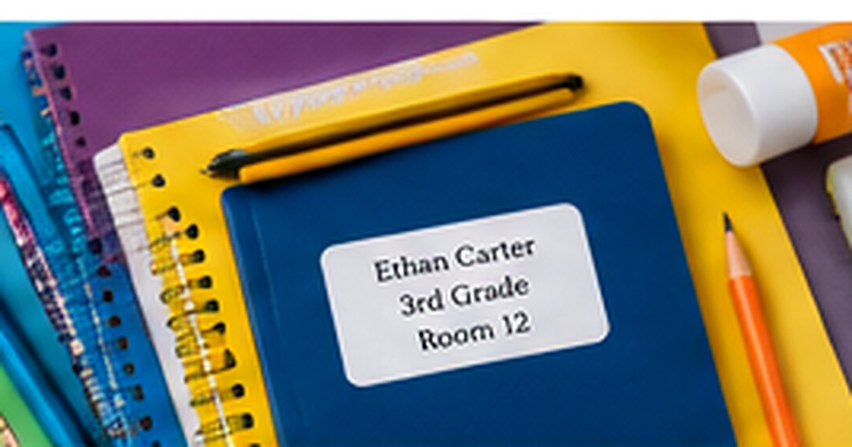 School notebook, pencils, and lunch supplies with a student name label