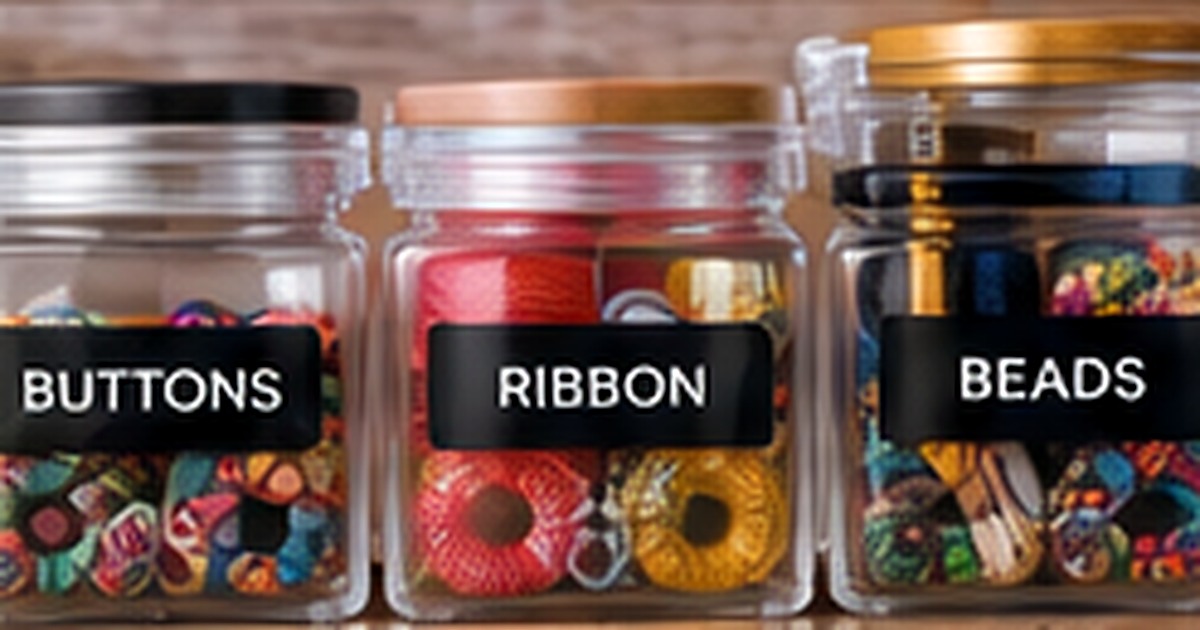 Craft supplies organized in clear jars labeled buttons, ribbon, and beads