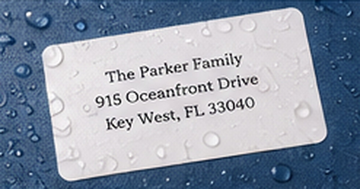 Address label with visible water droplets on a dark weather-resistant surface