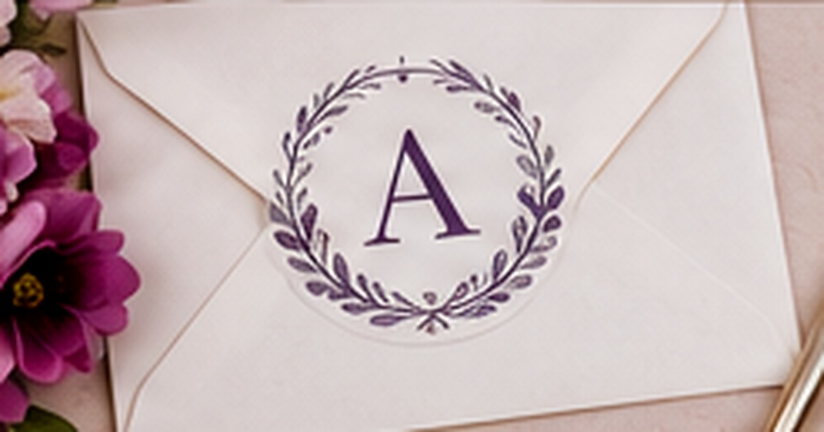 Purple monogram wreath on an elegant envelope beside flowers