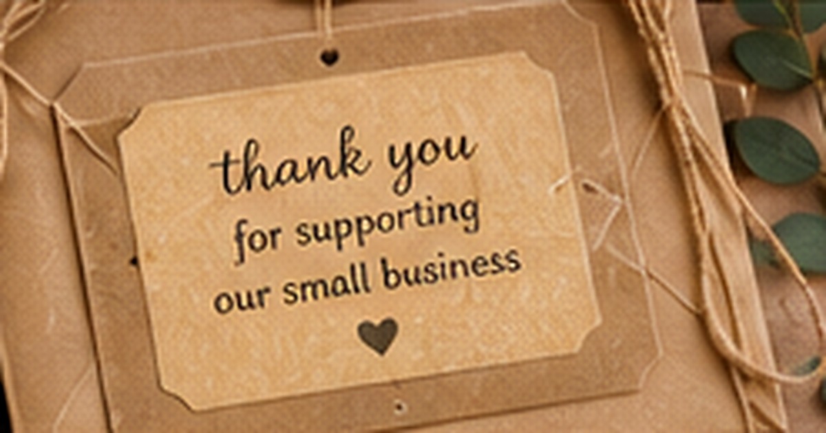 Kraft thank-you card and package with a small-business appreciation message
