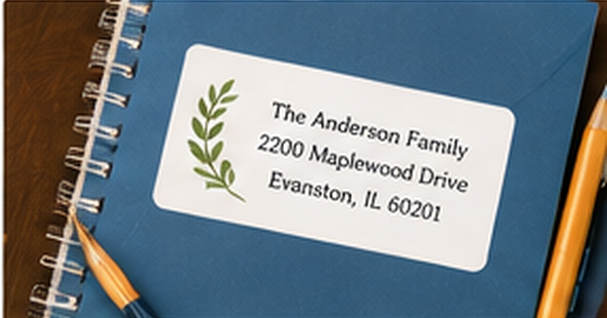 Blue school notebook with a clear family address label, pencil, and greenery