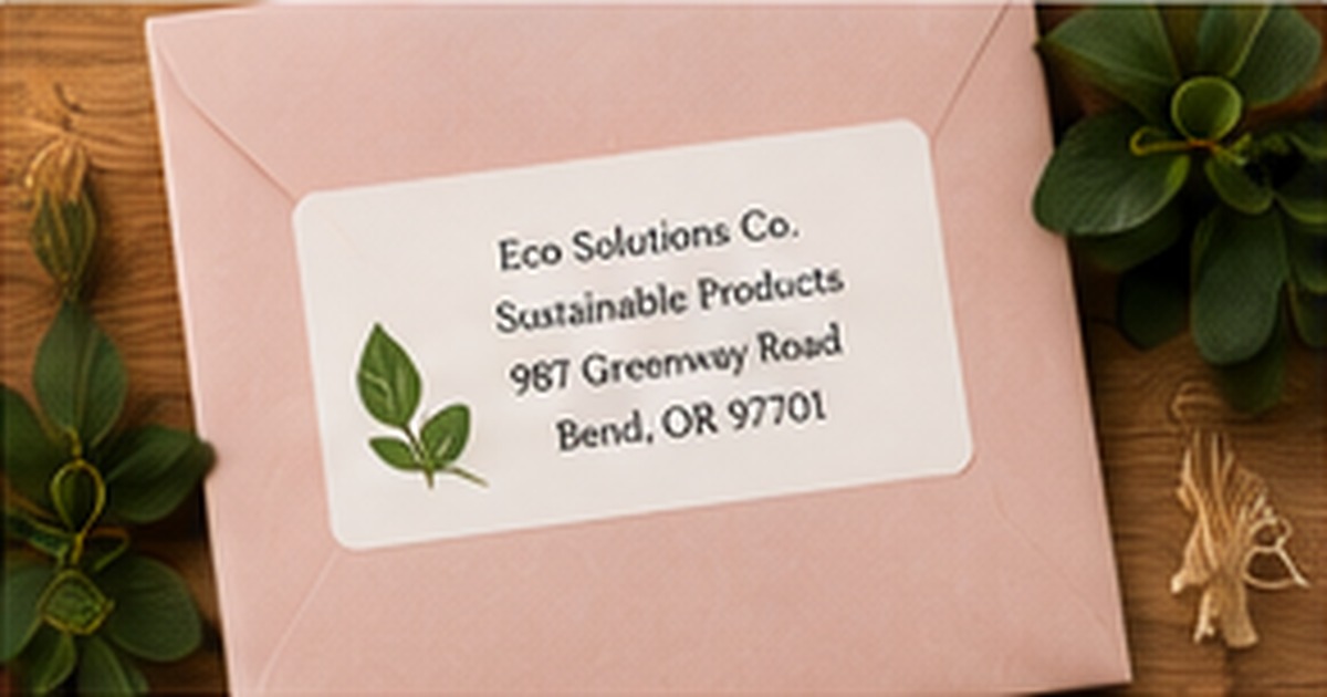 Soft pink envelope with a green botanical business label and natural twine