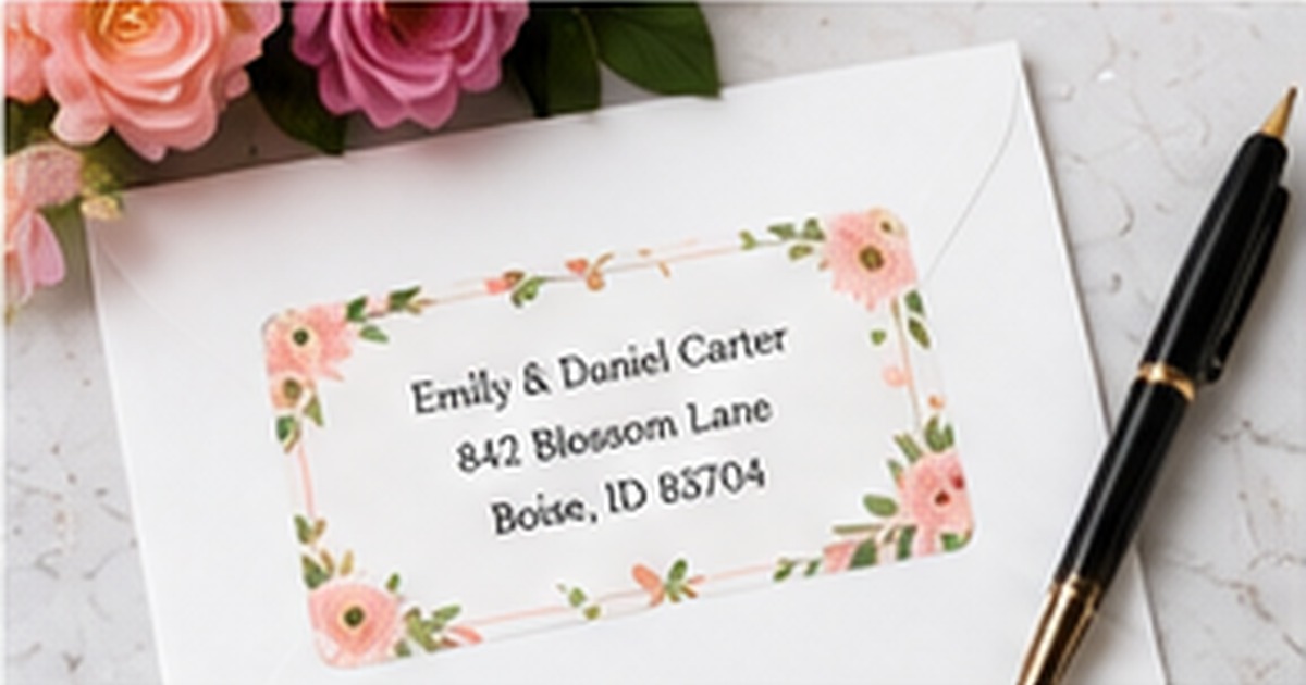 Floral Valentine-style address label on a white card with pink flowers and a black pen