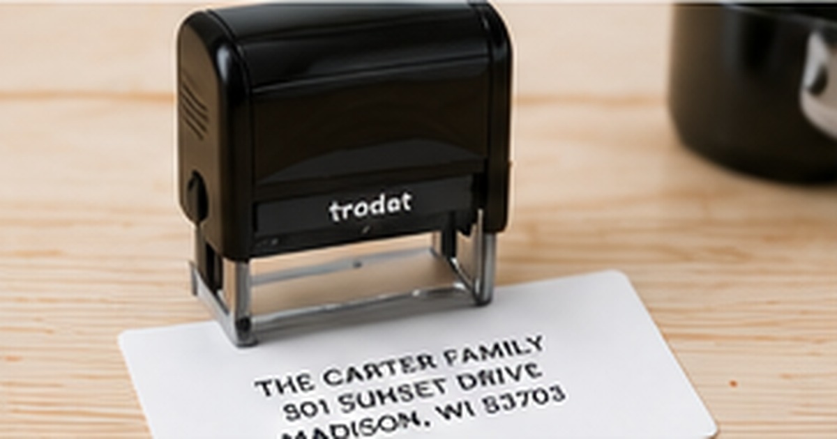 Black self-inking address stamp positioned above a fresh address impression