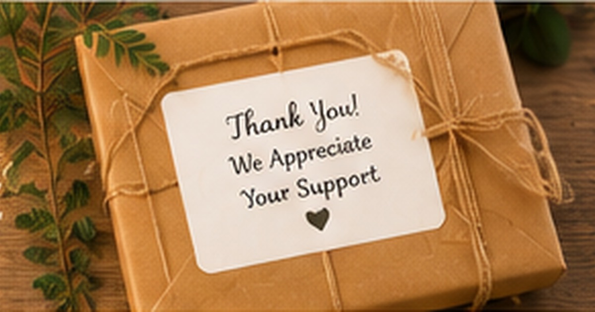 Kraft gift boxes with a simple thank-you label, twine, and green botanical accents