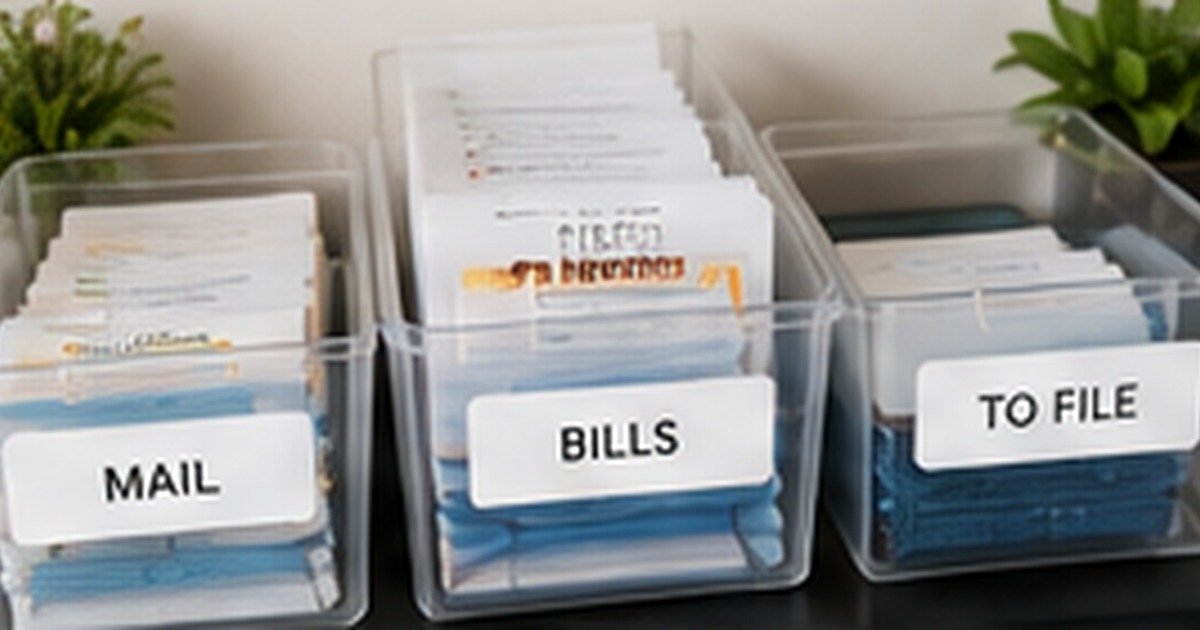 Clear home-office bins labeled mail, bills, and to file