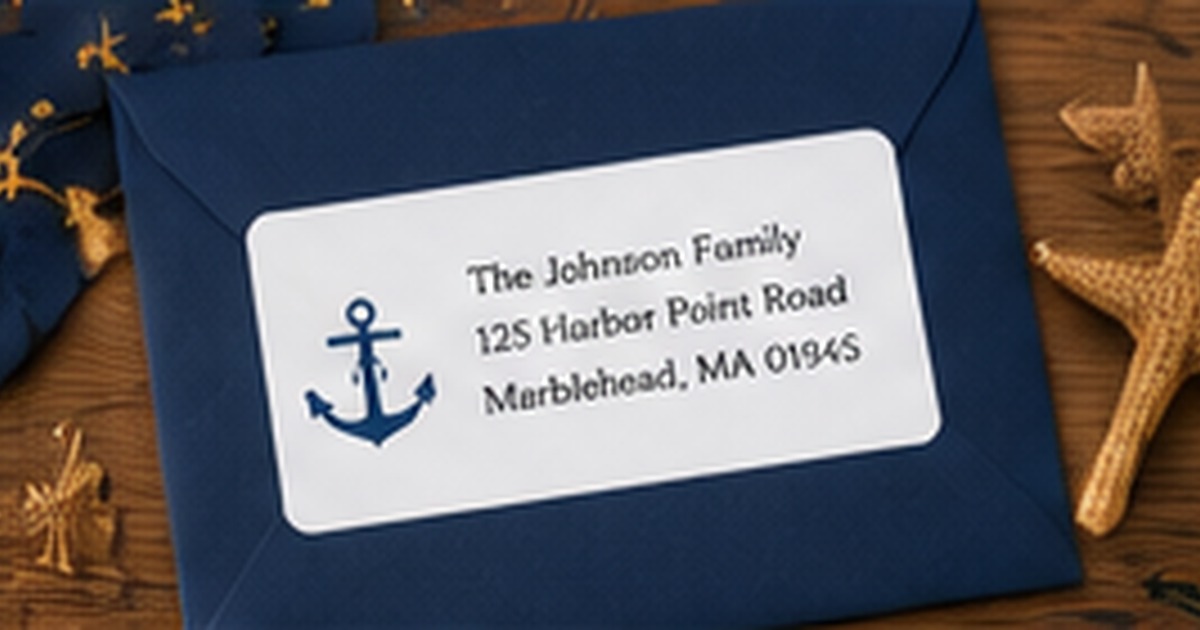 Navy envelope with an anchor-themed return address label and coastal accents