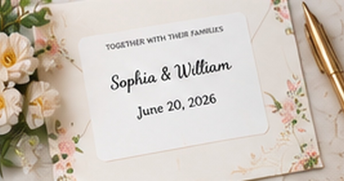 Wedding invitation suite with a floral envelope, names, and gold pen