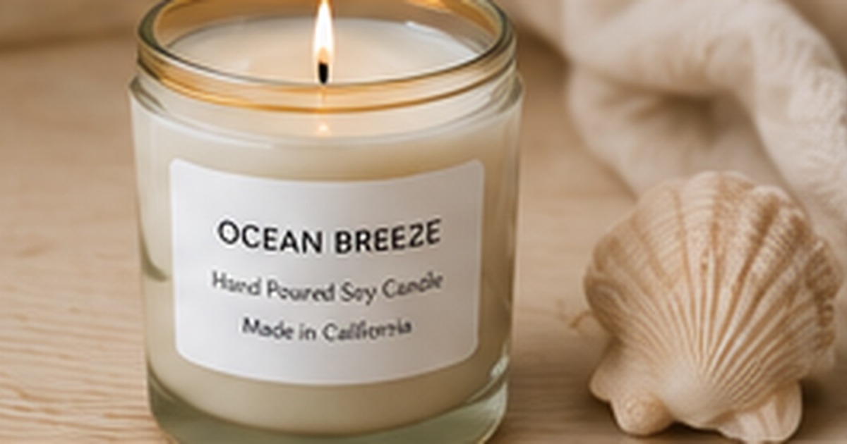 Hand-poured candle with a clean scent label, lavender, shells, and warm light