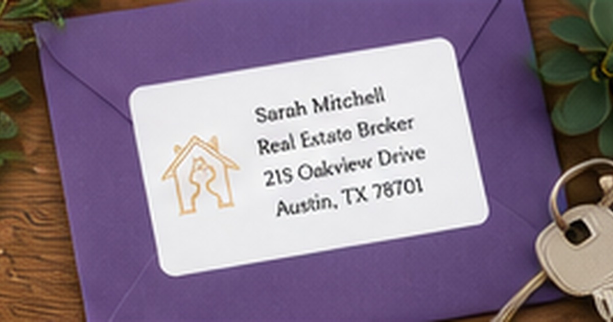 Purple real estate envelope with professional label and a house key