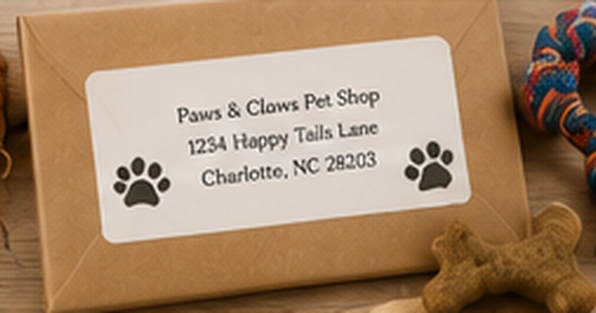 Kraft pet-business package with paw-print address label and dog accessories
