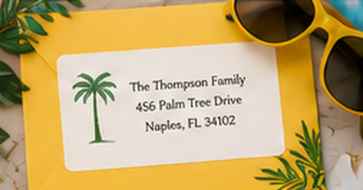 Bright yellow summer envelope with palm-tree label, flowers, and sunglasses