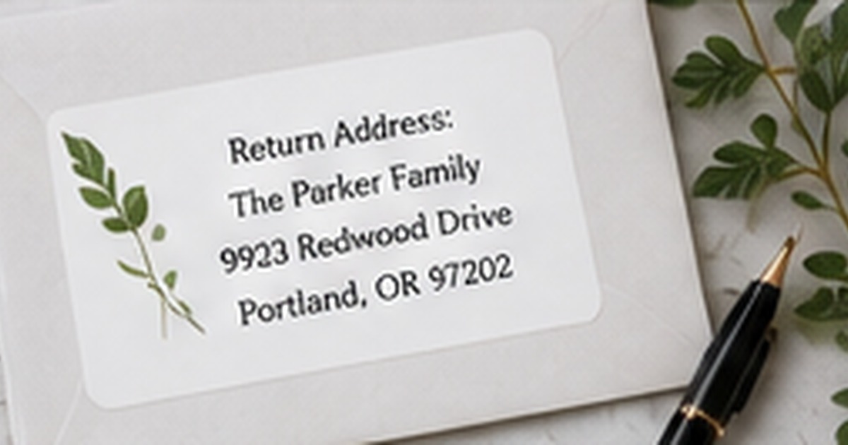 White envelope with a clean botanical return-address label and black pen