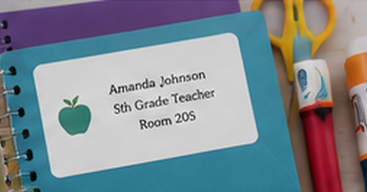 Colorful teacher notebook and supplies with a clear classroom label