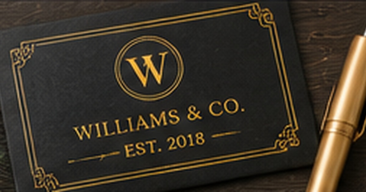 Black and gold premium label card with monogram and elegant pen