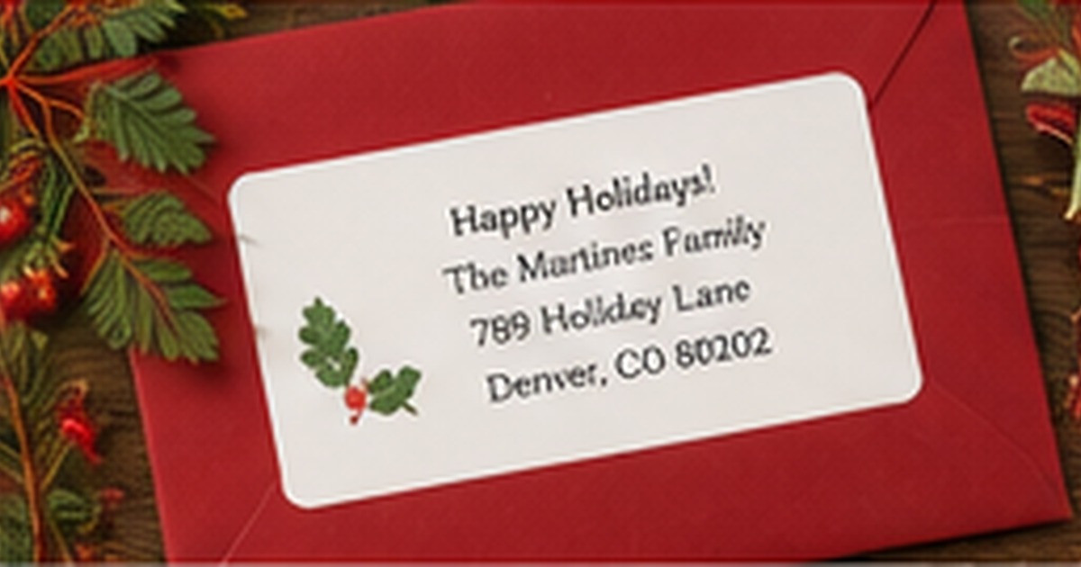 Red holiday envelope with a family address label and evergreen decorations