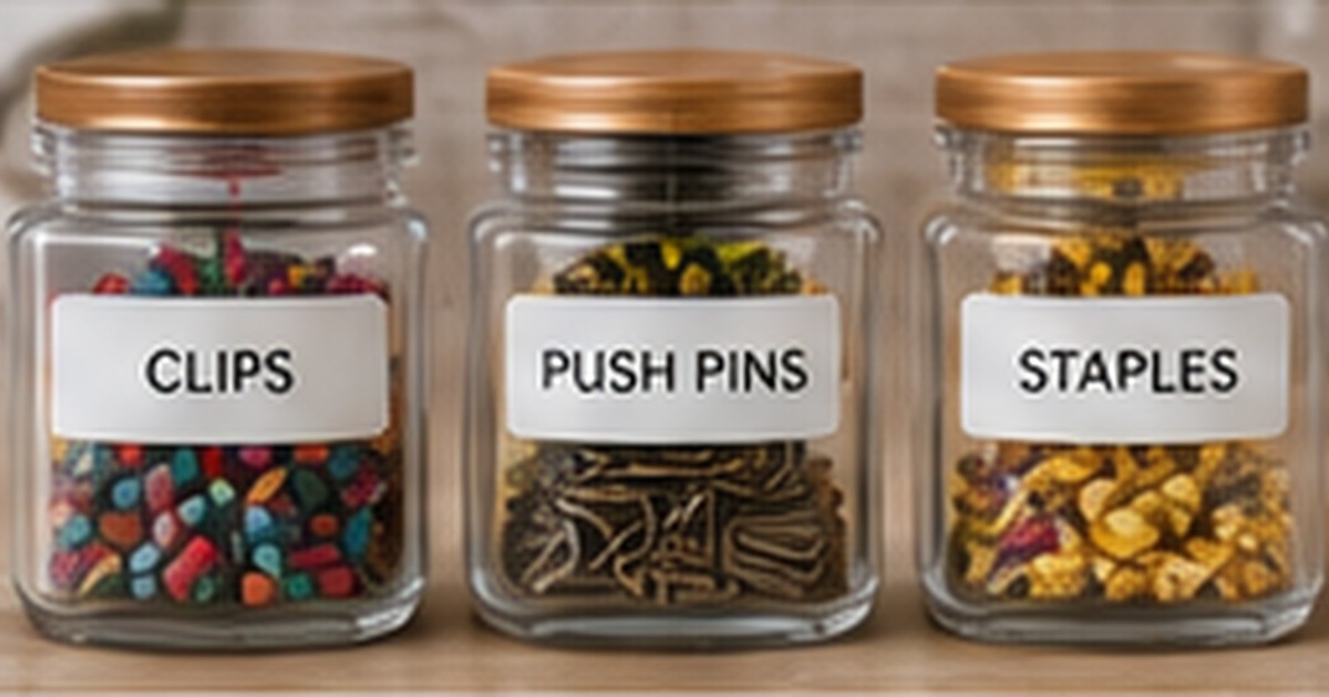 Glass jars labeled clips, push pins, and staples on an organized office shelf