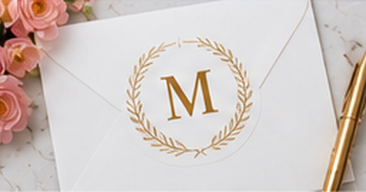 Elegant gold single-letter monogram on a white envelope with floral accents
