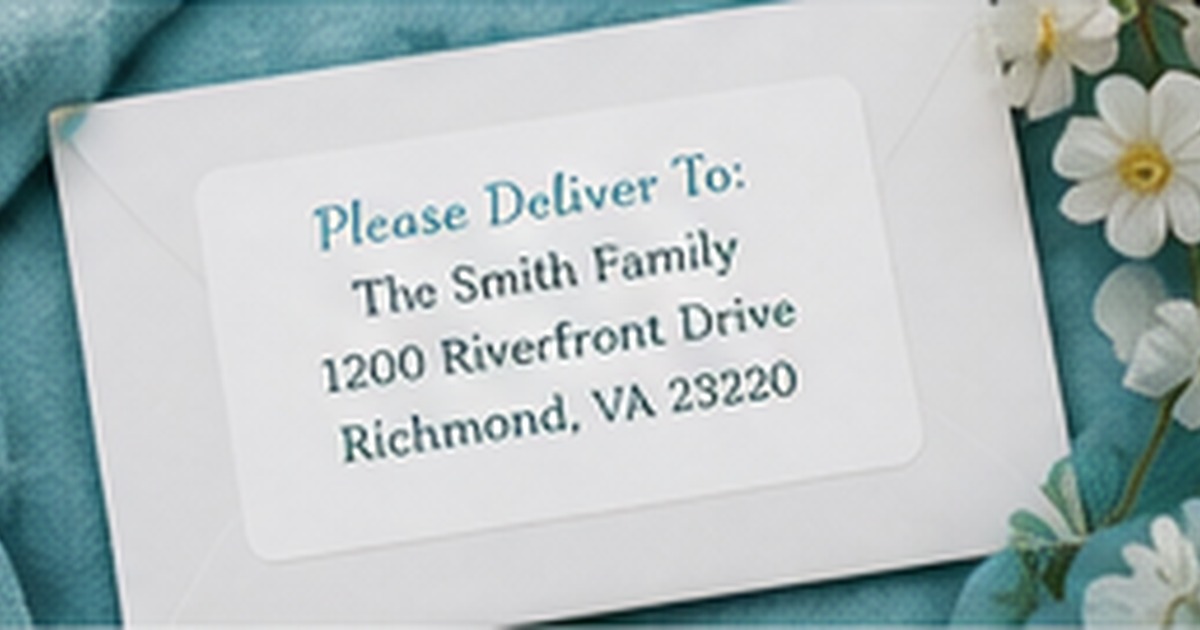 Clean white address label on a teal envelope with flowers and a visible delivery line