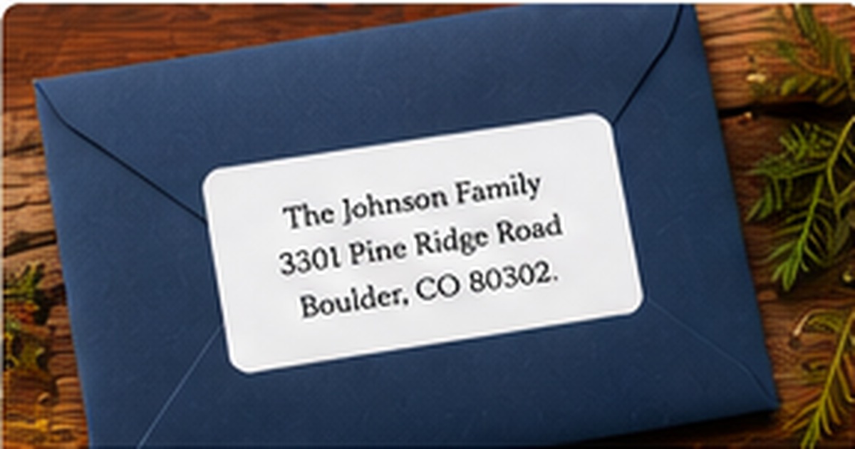 Navy envelope with a clean family address label on a warm wood desk
