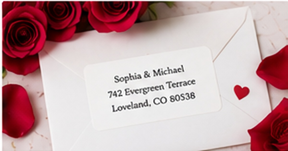 White envelope with a romantic label surrounded by deep red roses