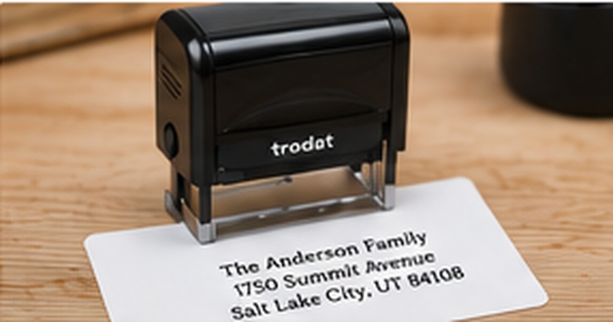Black self-inking address stamp beside a crisp impression on white paper