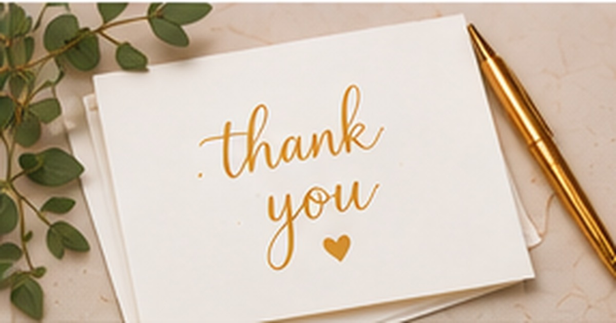 Thank-you card with gold lettering, greenery, and a gold pen