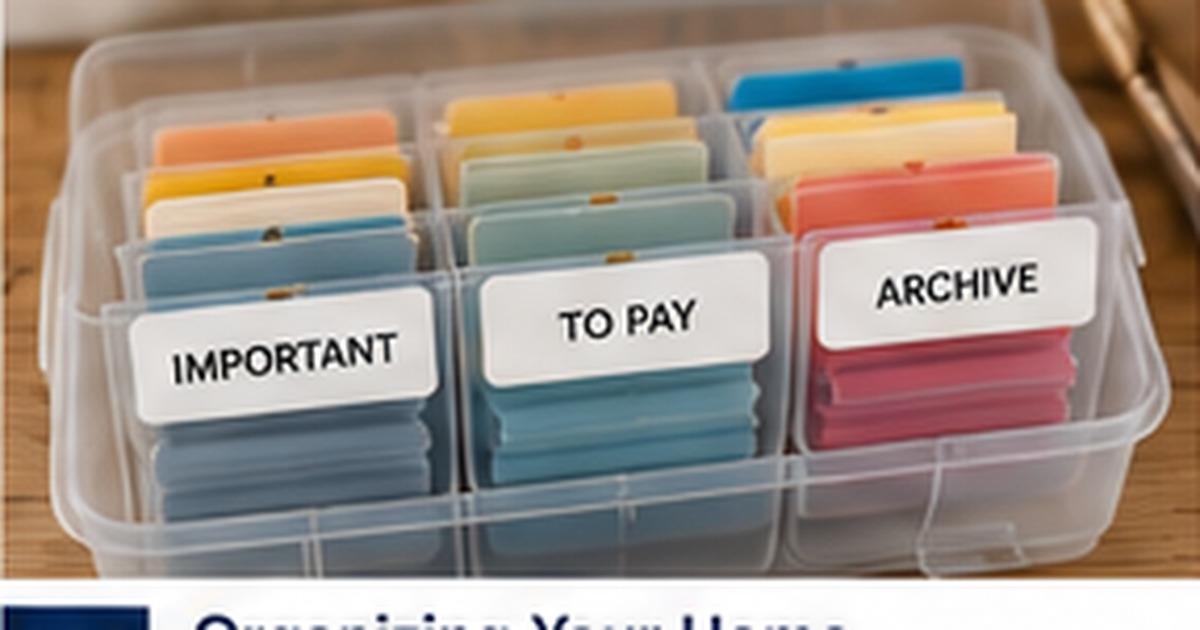 Clear home-office bins labeled important, to pay, and archive