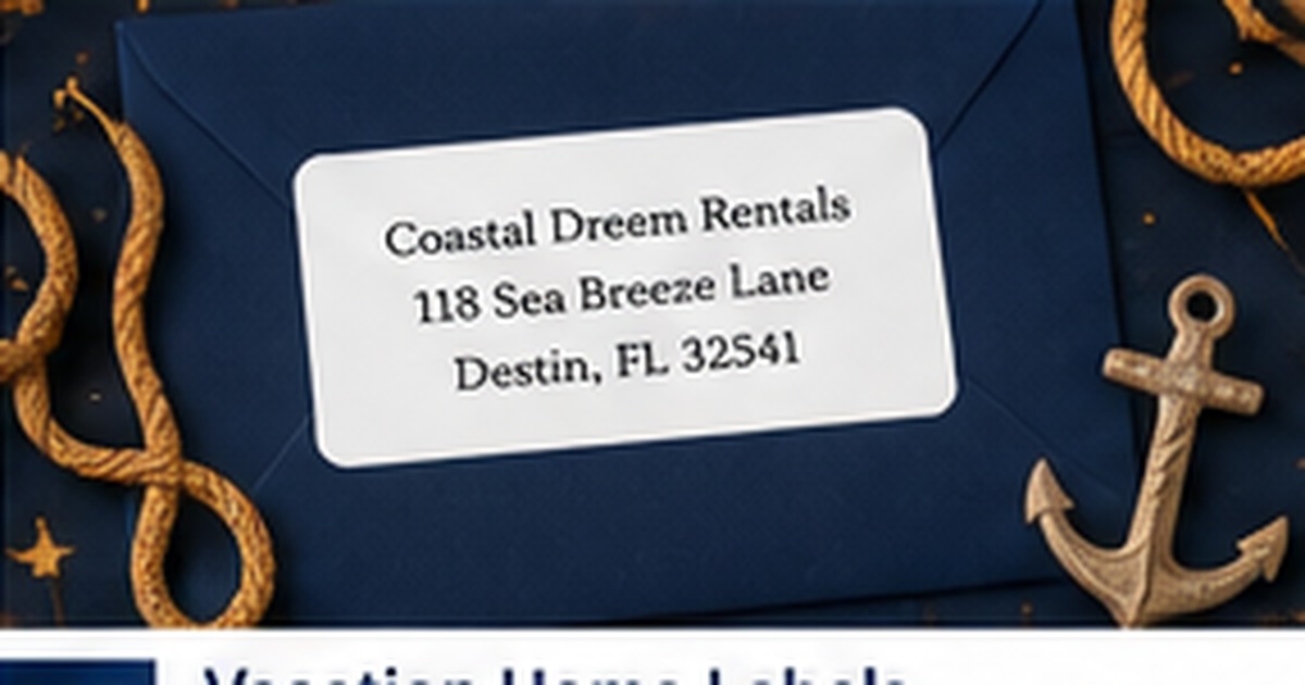 Navy coastal envelope with a vacation-home address label and nautical rope