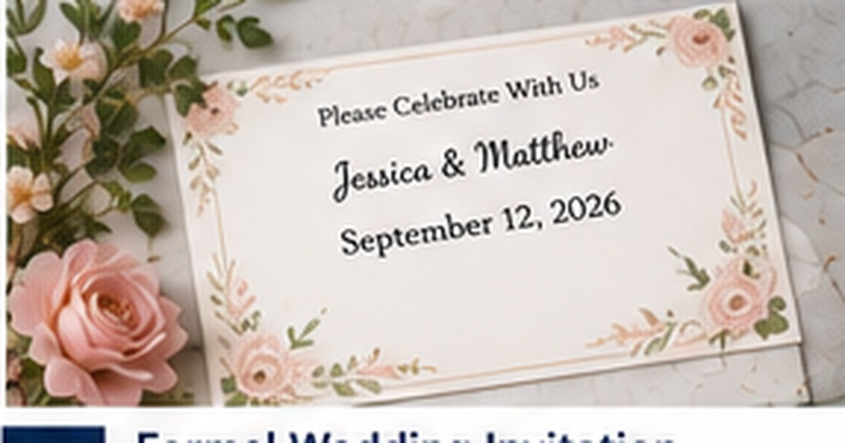 Formal floral wedding invitation suite with an addressed card and gold pen