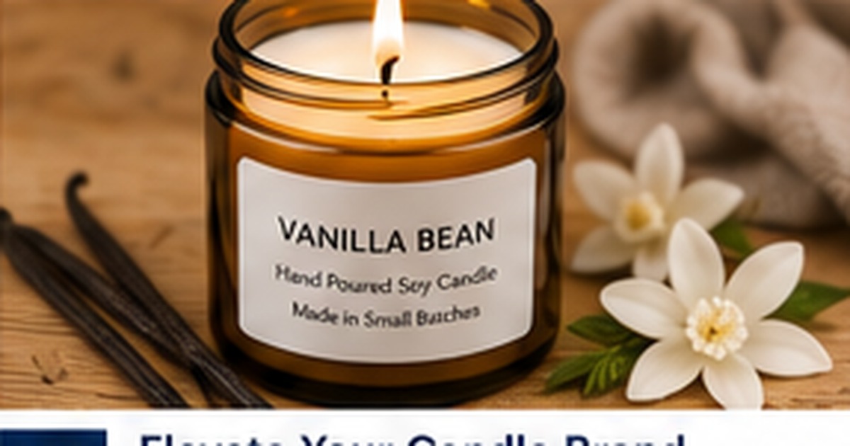 Amber candle jar with a clean vanilla label, flowers, and warm styling