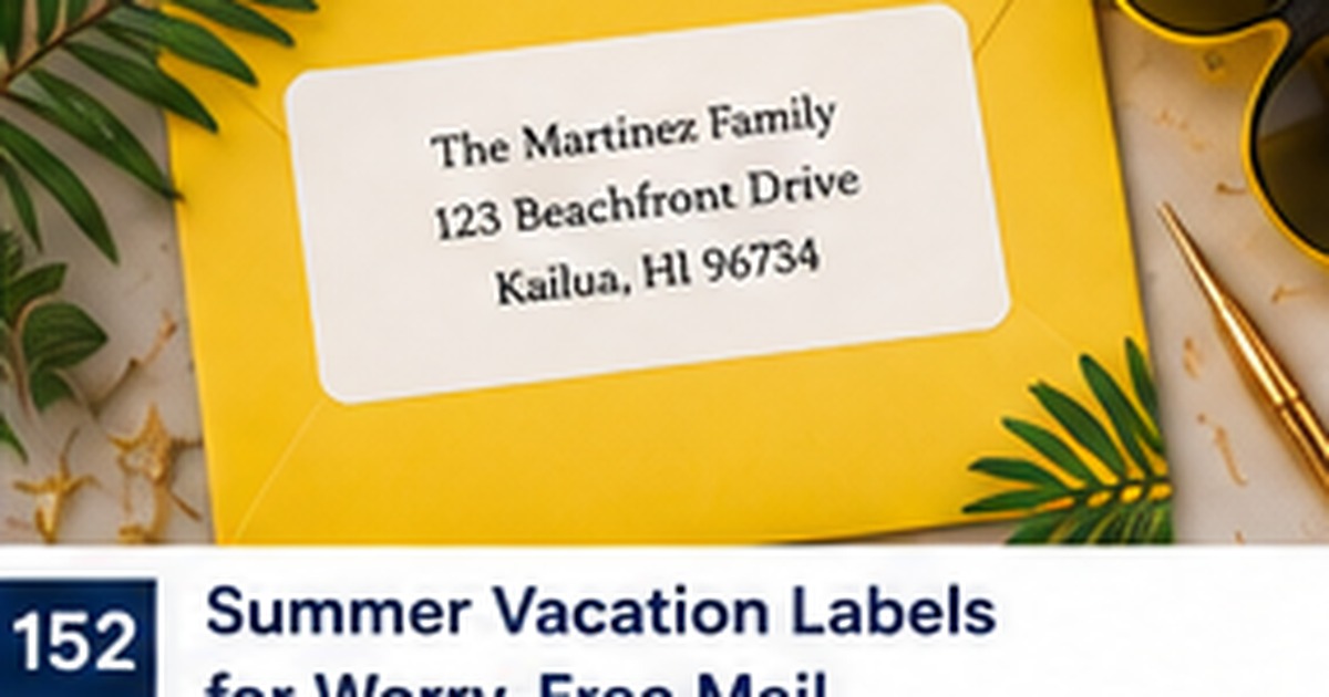 Bright yellow summer envelope with a tropical address label and sunglasses
