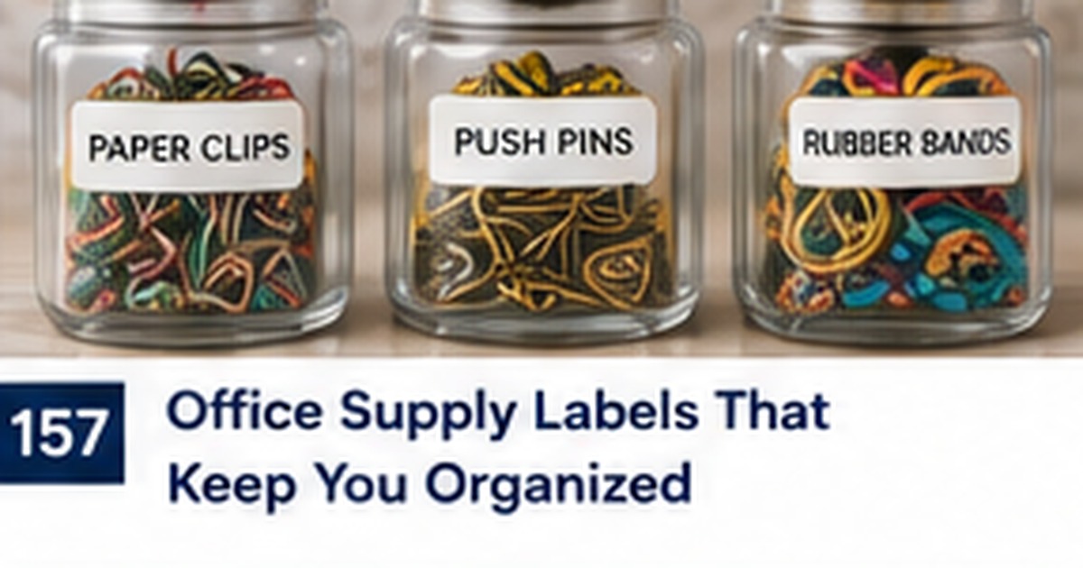Clear jars labeled paper clips, push pins, and rubber bands on a desk