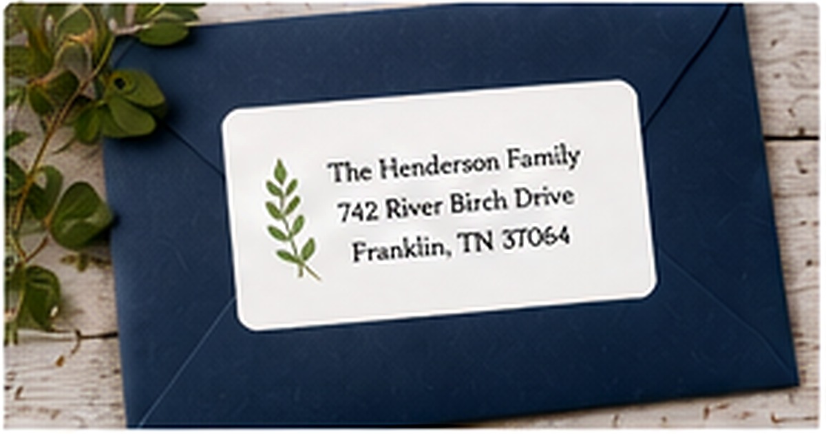 Personalized address label on a navy envelope prepared for an important family mailing
